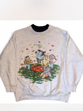 Vintage Basic Editions gray fall-themed crewneck sweatshirt cat & dog playing